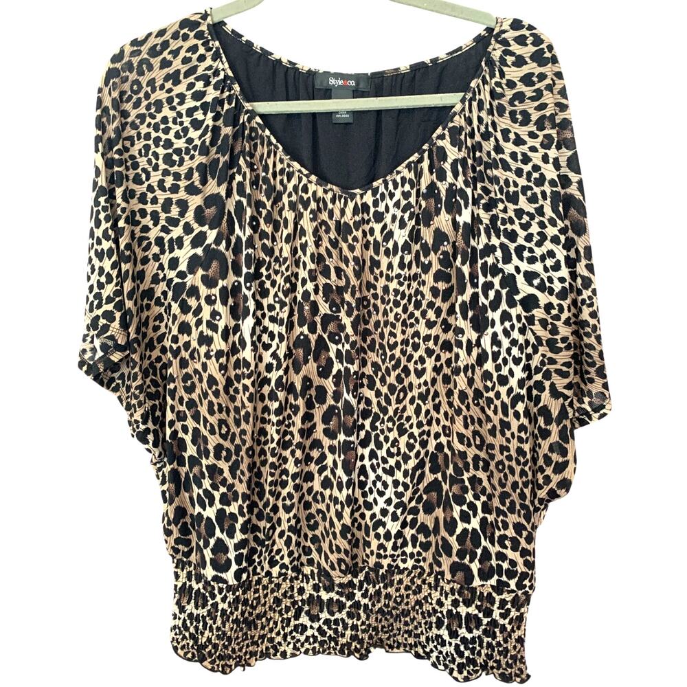 STYLE & CO LEOPARD PRINT RHINESTONES FLUTTER SLEEVES ELASTIC SMOCKED WAIST L